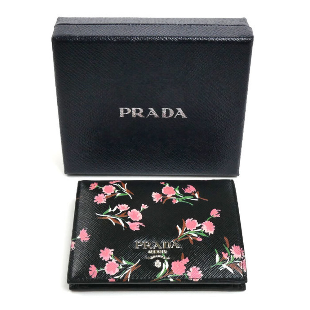 PRADA Prada Saffiano Flower Bouquet Bi-fold Wallet Black 1MV204 Women's - Picture 7 of 7